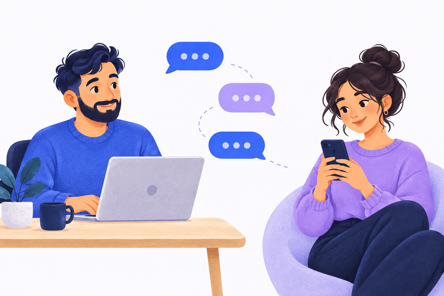 A person on a laptop exchanging messages with someone using a phone